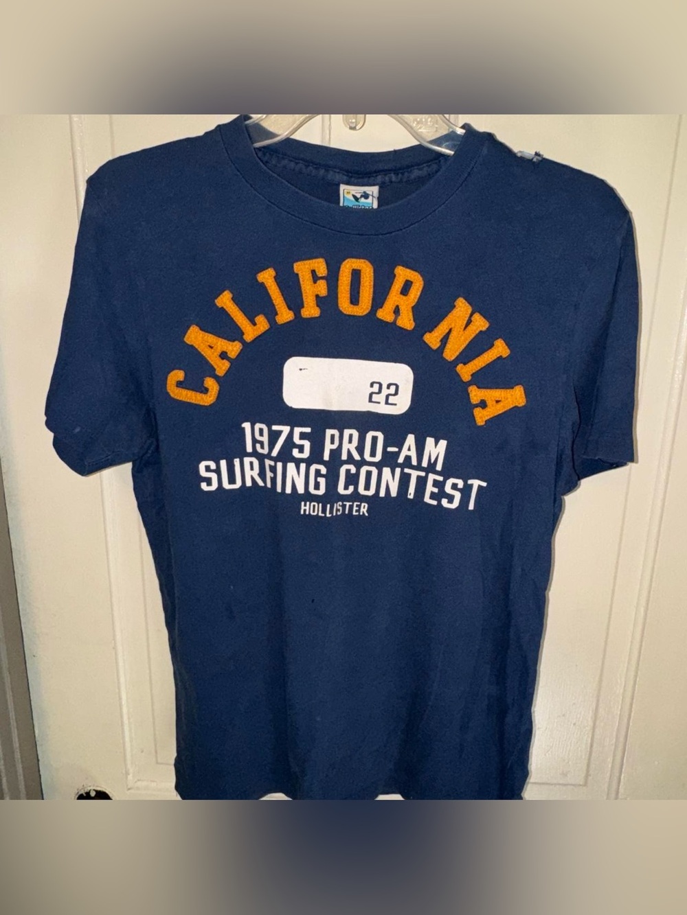 Vintage Hollister Navy Blue California Surfing Contest Tee with Gold Lettering